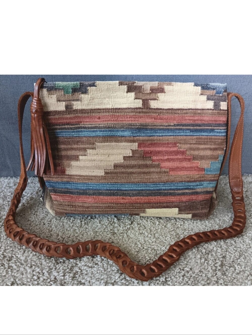 VTG 90's Y2k Boho Aztec Cotton Tapestry Kilim Style Bag Southwest Leather Tassel